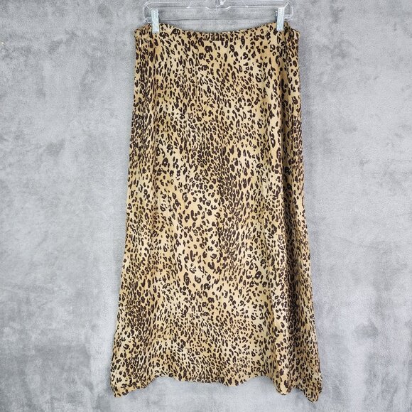 Womens Valerie Stevens Brown Leopard Print 100% Silk Midi Skirt Side Zip Size 12 - Picture 5 of 9